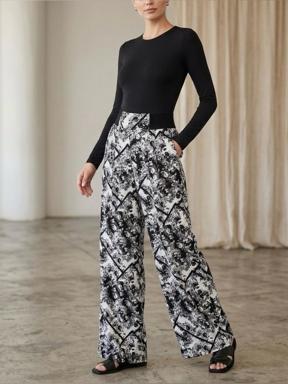 Xhilaration Black White High Waist Wide Leg Boho Pants Size S